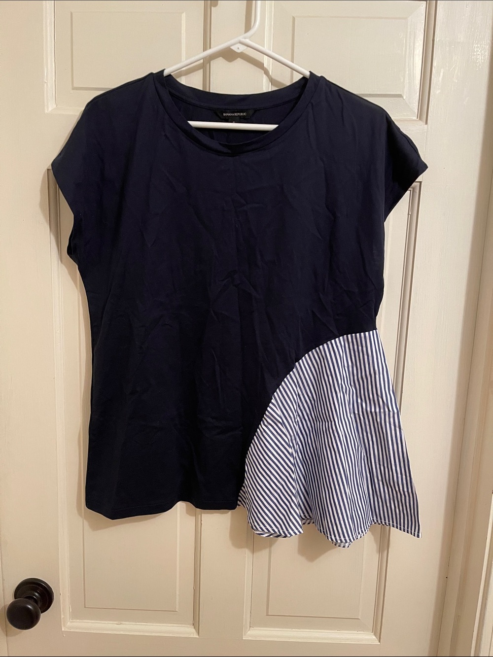 Banana Republic Navy Short Sleeve Top with Striped Flounce